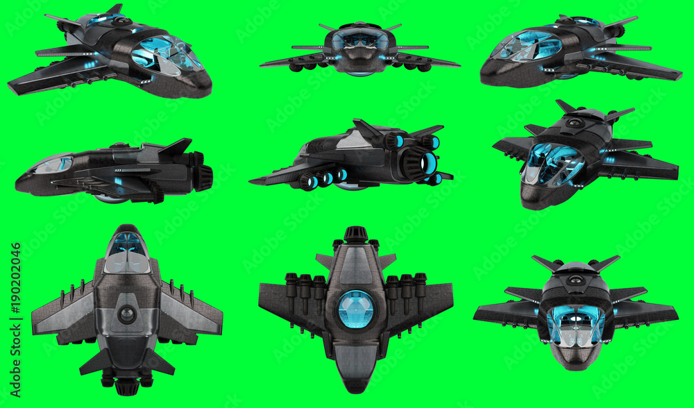 Poster Futuristic spacecraft collection isolated on green background 3D rendering