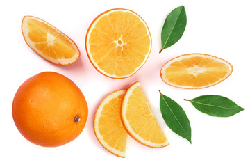 Orange with slice and leaf isolated on the white background. Flat lay pattern. Top view