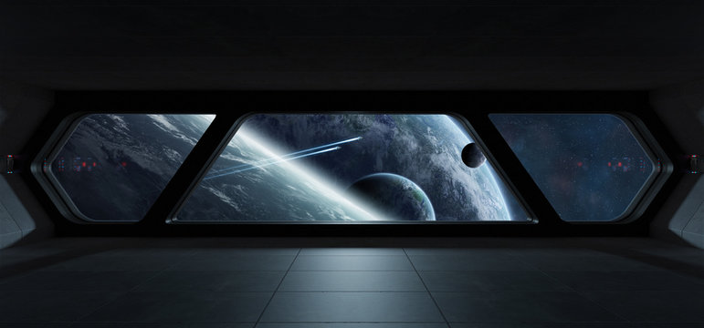 Spaceship futuristic interior with view on exoplanet