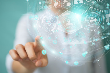 Businesswoman using digital medical sphere 3D rendering