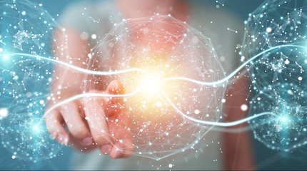 Businesswoman using digital network connection sphere 3D rendering