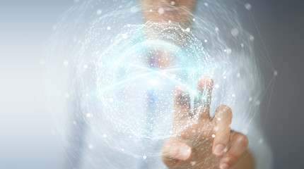 Businesswoman using digital network connection sphere 3D rendering