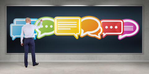 Businessman using social network interface on a board 3D rendering