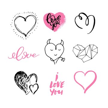 Hand drawn cute hearts. Valentine day design.