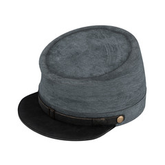 Civil War Confederate Cavalry Hat. American Confederate Kepi. Perspective view. 3D render Illustration isolated on a white background.