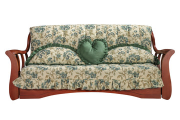  Luxury sofa with decorative upholstery and pillows, isolated on white background.
