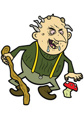 Old troll/ Illustration an old ugly troll with a cane and a mushroom 
