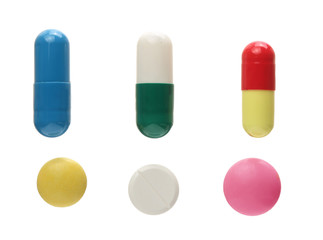 pill capsule isolated on white background. Top view. Flat lay