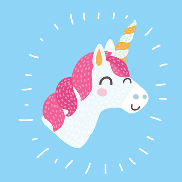 Unicorn vector icon isolated on white. Head portrait horse sticker, patch badge. Cute magic cartoon fantasy cute animal. 