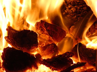 Fireplace - Hot Flames of Burning Coal Lumps and Heat