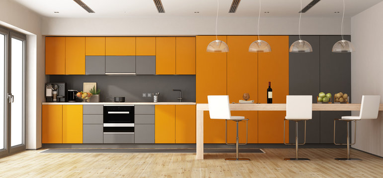 Orange and gray modern kitchen with wooden island - 3d rendering