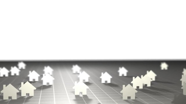 Camera pans over cinematic housing map with heavy depth of field