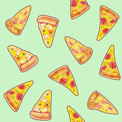 Piece of pie or pizza painted in watercolor with a dark outline. Seamless pattern in retro style.