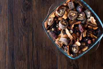Dried Fruits; Apple, Apricot, Churchkhela, Walnut, Date, Hazelnut, Almond in Glass Bowl.