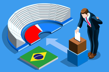 Brazil election voting concept Brazilian man putting vote in the isometric ballot box. Vector illustration with 3D flat isometric realistic detailed people