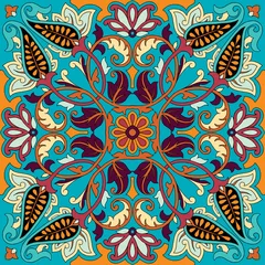 Papier Peint photo Tuiles marocaines Ornement de foulard paisley de vecteur. Foulard en soie, oreiller, motif carré de décoration intérieure, tissu de style oriental.