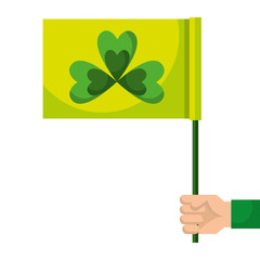hand holding green flag with clover symbol vector illustration
