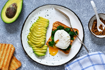 Quick breakfast - poached egg with toast, spinach and avocado.