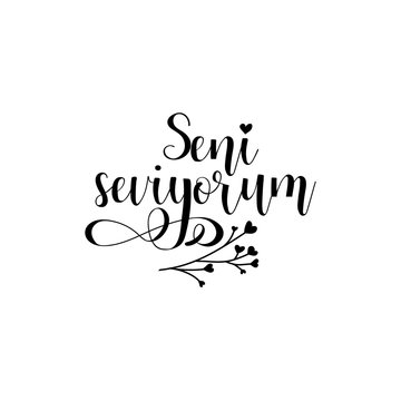Handwritten calligraphy phrase in Turkish Seni Seviyorum Vector illustration. Turkish translation: I love you