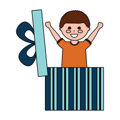 cute happy boy coming out of inside gift box surprise vector illustration