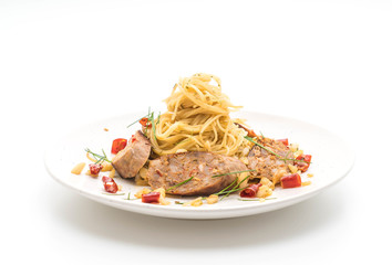 Stir-Fried Spaghetti with Sai Aua (Notrhern Thai Spicy Sausage)