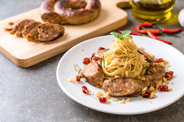 Stir-Fried Spaghetti with Sai Aua (Notrhern Thai Spicy Sausage)