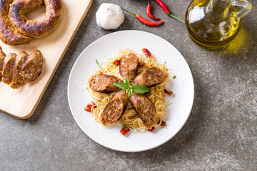 Stir-Fried Spaghetti with Sai Aua (Notrhern Thai Spicy Sausage)