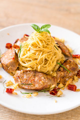 Stir-Fried Spaghetti with Sai Aua (Notrhern Thai Spicy Sausage)