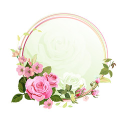 Vintage round frame with pink roses, spring blossom, branches with mauve, pink apple tree flowers, buds, green leaves on white background. Digital draw, illustration in watercolor style, vector © analgin12