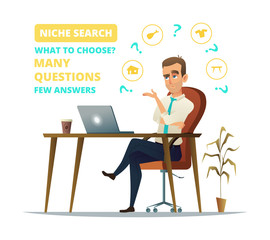Concept of niche search. Sad Businessman sitting on his workplace. Young business man think. Thinking business man surrounded by question marks and niche icons.