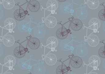 Vector hand drawn bicycle pattern in white, blue, dark red and gray colors palette
