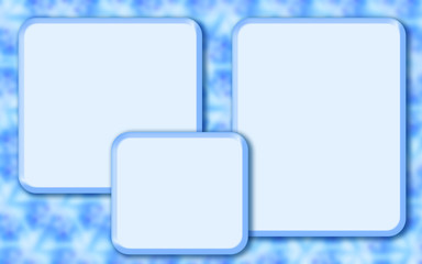 Horizontal mock up template with three rectangular text boxes. Blue border, background of blurred hexagons. Frame for scrapbooks, photo albums, greeting cards, postcards, posters, flyers, booklets