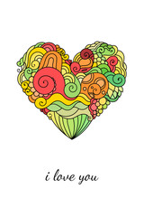 Ornamental St.Valentine's greeting card with colorful zentangle doodle heart sketch. Ethnic tribal wavy vector heart illustration.