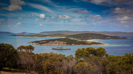 Fototapeta premium Albany, Western Australia - Nov 31, 2014: Ships and aircraft from Australia and New Zealand commemorate the 100th Aniversary of ANZAC's departure.