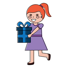 cute happy girl holding ribbon bow wrapped gift box vector illustration