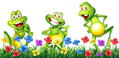 Obraz premium Three happy frogs in flower garden