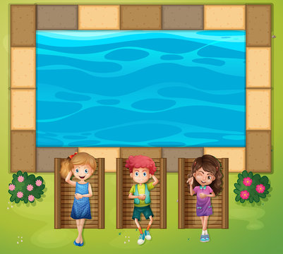 Three kids having fun by the pool
