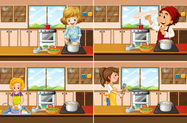 Four kitchen scenes with man and woman cooking