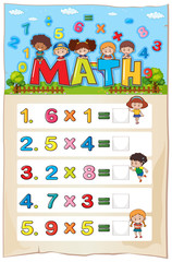 Math worksheet template with kids and multiplication problems