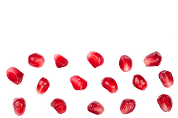 Fototapeta na wymiar pomegranate seeds isolated on white background with copy space for your text. Top view. Flat lay pattern