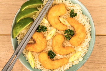 Japanese Style Tempura Fried Prawns With Rice In A Bowl