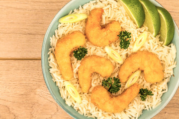 Japanese Style Tempura Fried Prawns With Rice In A Bowl