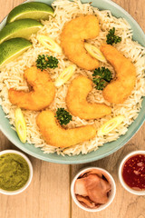 Japanese Style Tempura Fried Prawns With Rice In A Bowl