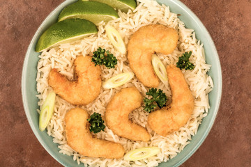 Japanese Style Tempura Fried Prawns With Rice In A Bowl