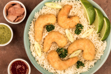 Japanese Style Tempura Fried Prawns With Rice In A Bowl
