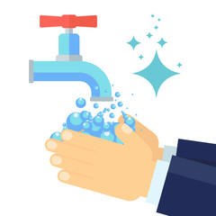 Washing hands. Hands of businessman in suit are washed with soap and water. Flat vector cartoon illustration. Objects isolated on white background.