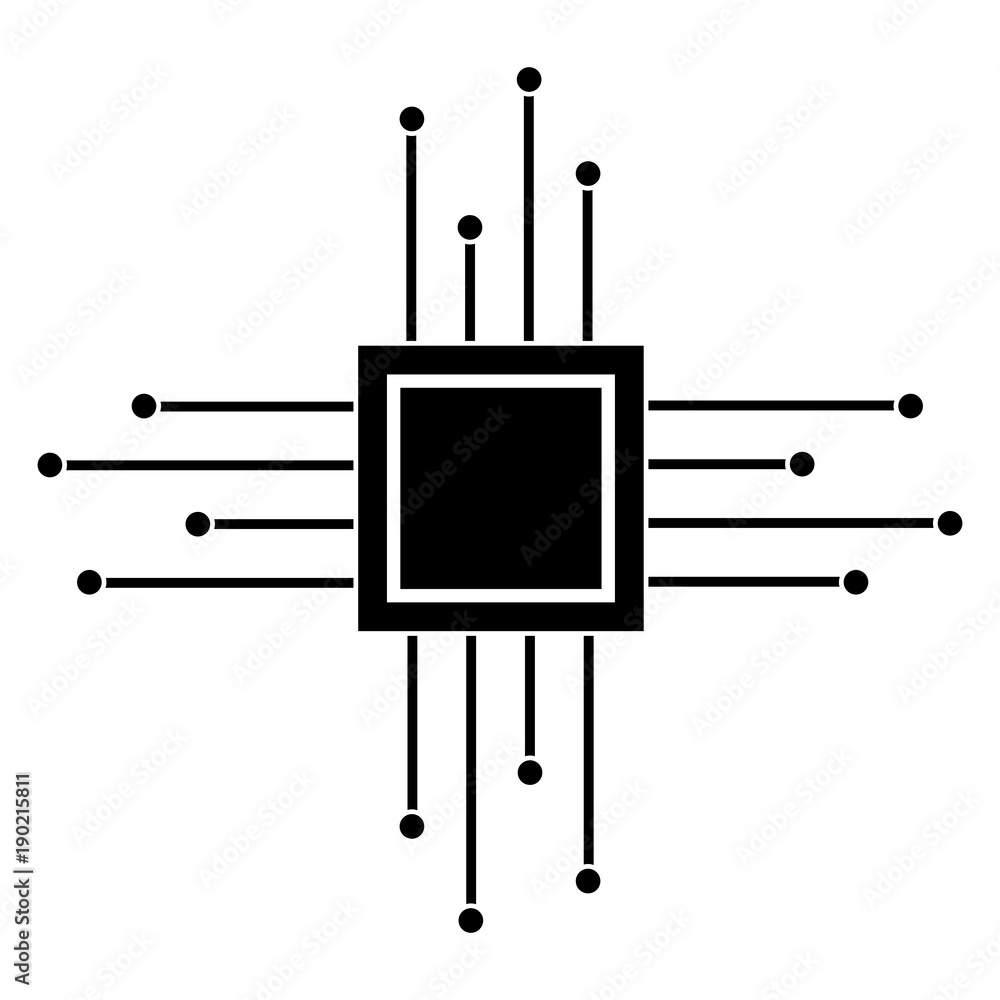 Poster motherboard circuit microprocessor chip technolgy vector illustration pictogram design