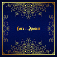 Greeting card, invitation or flyer template with golden mandala ornament. Hand drawn vector illustration