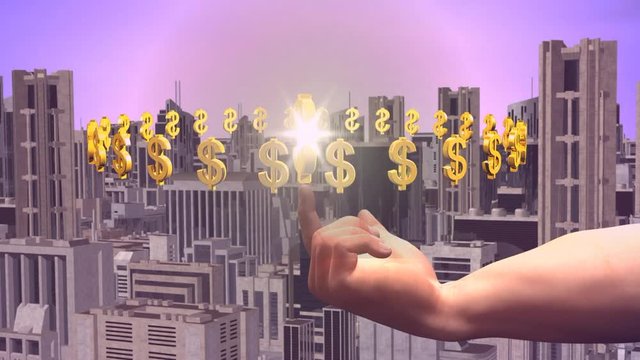 Rotazione dei simboli del dollaro in oro intorno ad un simbolo  splendente pi&ugrave; grande disposto sopra il dito indice di  una mano sullo sfondo di una citt&agrave;