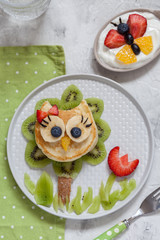 Cute owl pancake with fruits for kids breakfast
